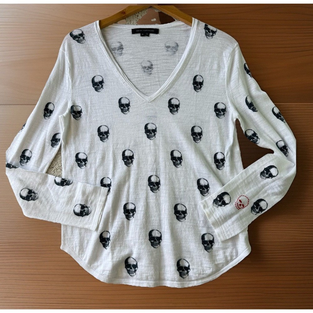 Skull Cashmere Cotton Skull‎ Print Sweater in White Black Small V Neck